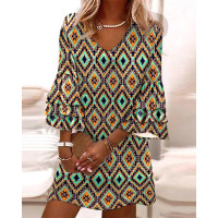 Aztec Geometric Print Bell Sleeve Casual Dress - green