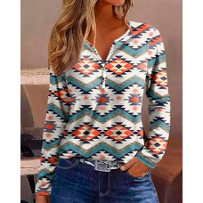 Aztec Geometric Print Button Detail Long Sleeve Top - Multicolor