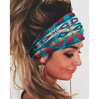 Aztec Geometric Print Elastic Yoga Sport Wide Headband - blue