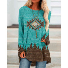 Aztec Geometric Print Long Sleeve Casual Top - blue