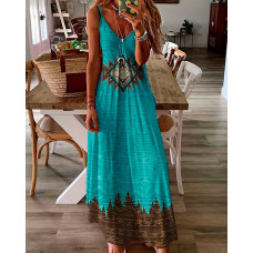 Aztec Geometric Print Sleeveless Maxi Dress - turquoise blue