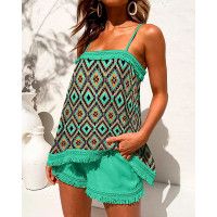 Aztec Geometric Print Tassel Trim Cami Top & Shorts Set - green