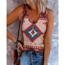 Aztec Geometric Print V-Neck Casual Tank Top - Dark Brown