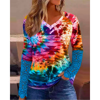 Aztec Geometric Tie Dye Print Contrast Lace Long Sleeve Top - Multicolor