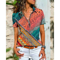 Aztec Geometric Tribal Print Zip Detail Casual Top - Multicolor