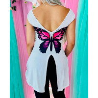 Backless Butterfly Print Slit Asymmetrical T-shirt - white