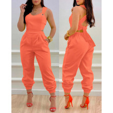 Backless Criss Cross Cuffed Jumpsuit - orange