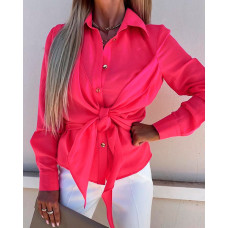 Backless Knotted Front Long Sleeve Top - hot pink