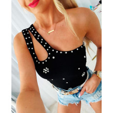 Backless Pearls Cutout Tank Top - black