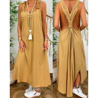 Backless Ruched Asymmetrical Slit Maxi Dress - khaki