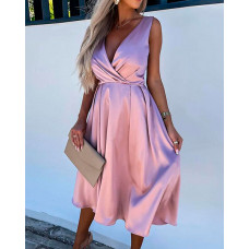 Backless Ruched Satin Party Dress - pink