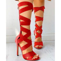 Bandage Lace-Up Zipper Back Thin Heels - red