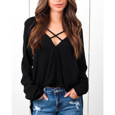 Bandage V-Neck Long Sleeve Casual Top - black