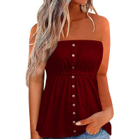 Bandeau Buttoned Ruched Tank Top - Wine red