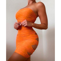 Bandeau Cutout Ruched Bodycon Dress - orange