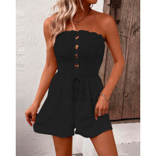 Bandeau Frill Hem Drawstring Textured Romper - black