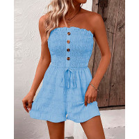 Bandeau Frill Hem Drawstring Textured Romper - blue