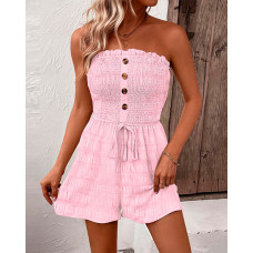 Bandeau Frill Hem Drawstring Textured Romper - pink