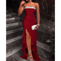 Bandeau Glitter Patch High Slit Ruffles Evening Dress - Wine red