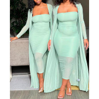 Bandeau Midi Dress With Longline Cardigan Set - light green