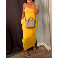 Bandeau Pocket Design Maxi Dress - yellow