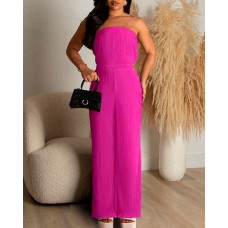 Bandeau Raw Hem Wide Leg Jumpsuit - hot pink