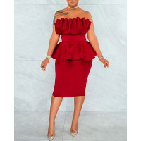 Bandeau Ruched Bust Ruffles Party Dress - red