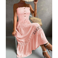 Bandeau Shirred Lace Patch Maxi Dress - pink