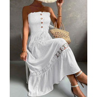 Bandeau Shirred Lace Patch Maxi Dress - white