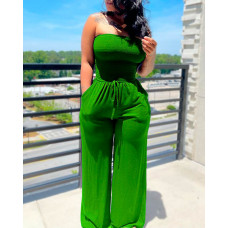 Bandeau Shirred Pocket Design Wide Leg Jumpsuit - green