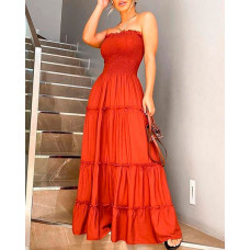 Bandeau Shirring Design Layered Ruffles Maxi Dress - orange