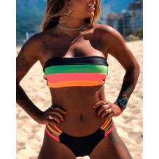 Bandeau Striped Print Strappy Bikini Set - Multicolor