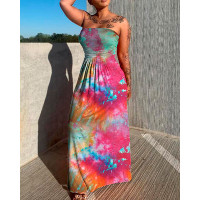 Bandeau Tie Dye Print Ruched Sleeveless Maxi Dress - orange