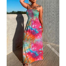 Bandeau Tie Dye Print Ruched Sleeveless Maxi Dress - orange