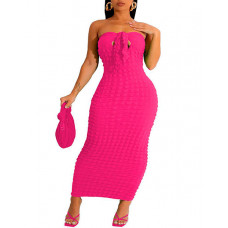 Bandeau Tied Detail Bubble Textured Maxi Dress - hot pink