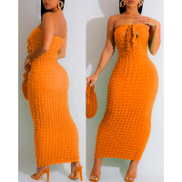 Bandeau Tied Detail Bubble Textured Maxi Dress - orange