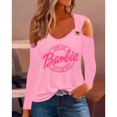 Barbie Letter Print Cold Shoulder Eyelet Casual Top - pink