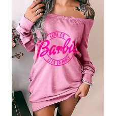 Barbie Letter Print Off Shoulder Mini Dress - pink