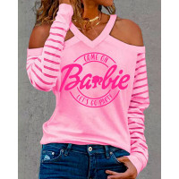 Barbie Letter Print Striped Cold Shoulder Top - pink