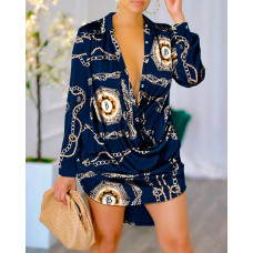 Baroque Chain Print Buttoned Draped Shirt Dress - blue