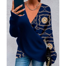 Baroque Chain Print Long Sleeve Wrap Top - blue