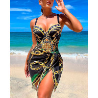 Baroque Chain Print One Piece Swimsuit With Cover Up - black