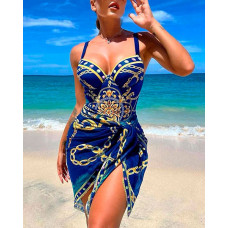 Baroque Chain Print One Piece Swimsuit With Cover Up - blue