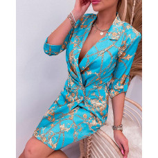 Baroque Chain Print Ruched Buttoned Blazer Dress - blue