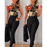 Baroque Chain Print Ruched Top & High Waist Pants Set - black