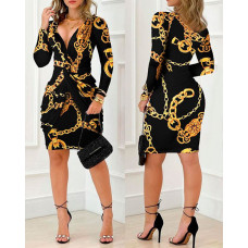 Baroque Chain Print Twist Detail Party Dress - black