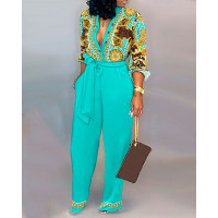 Baroque Geo Print Long Sleeve Belted Jumpsuit - Multicolor