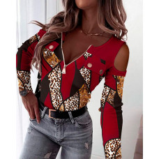 Baroque Leopard Print Cold Shoulder Top - red