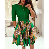 Baroque Leopard Print Colorblock Zipper Design Casual Dress With Belt - green