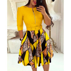 Baroque Leopard Print Colorblock Zipper Design Casual Dress With Belt - yellow